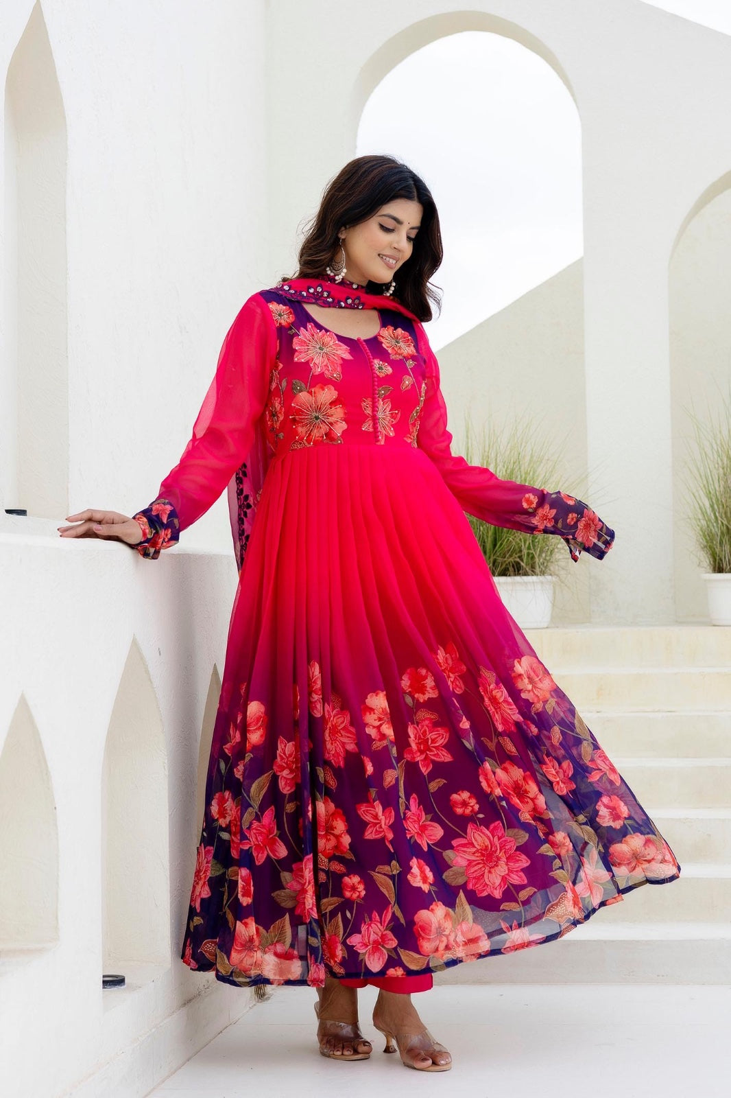 Restocked! Pretty shiffon Anarkali suit set!