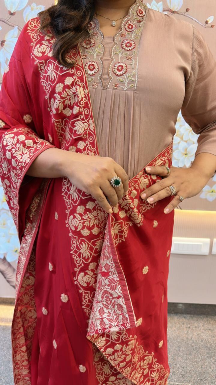 Premium chinon handwork suit set paired with Banarasi dupatta