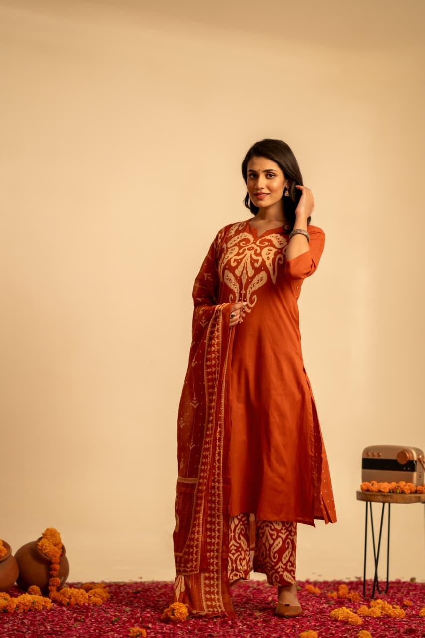 Pure cotton designer back printed pocket suit set in orange
