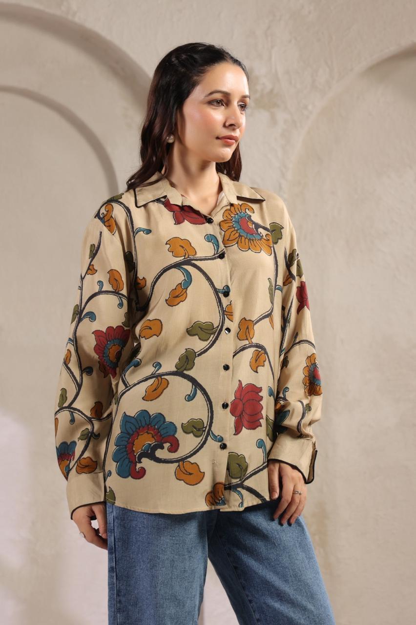 Pure Mul silk Kalamkari shirt in beige
