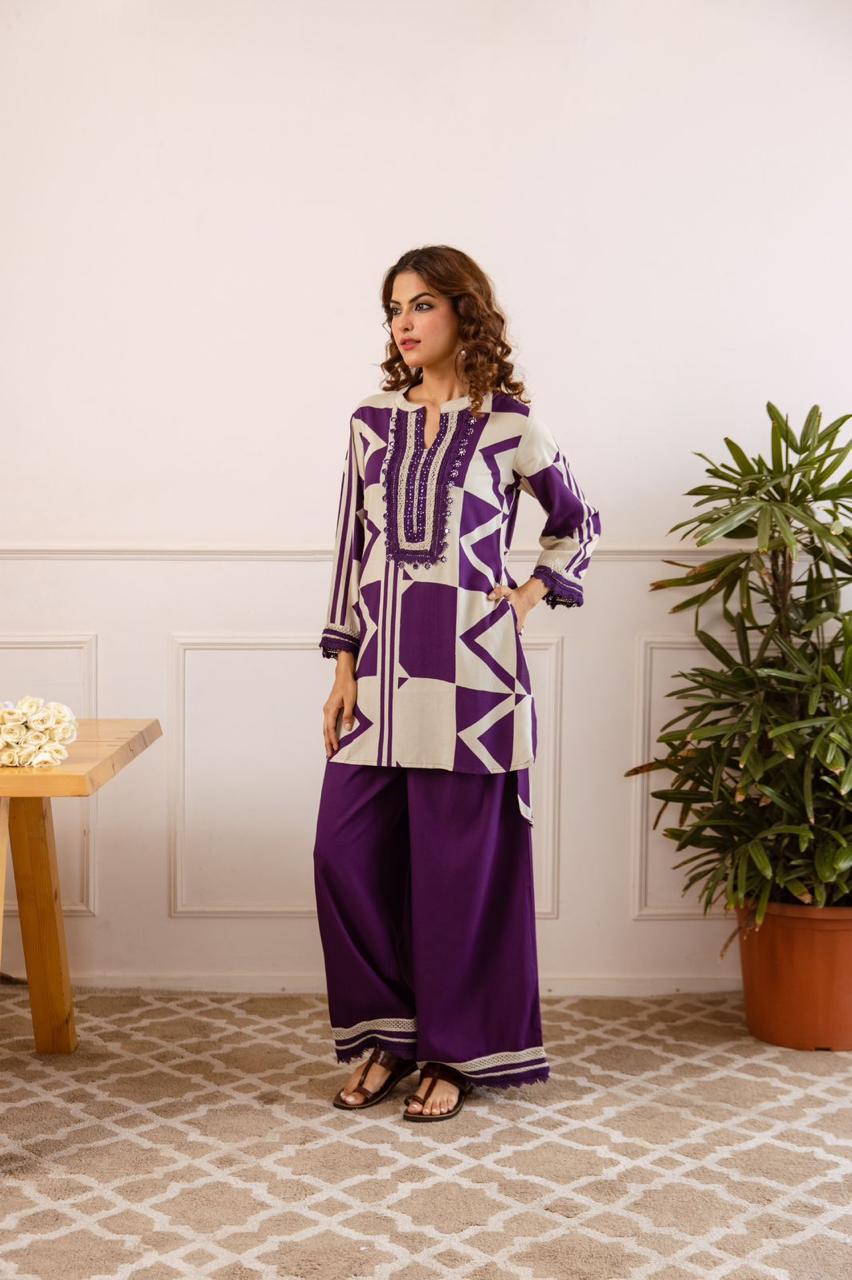 Heavy rayon lace detailing co ord in purple