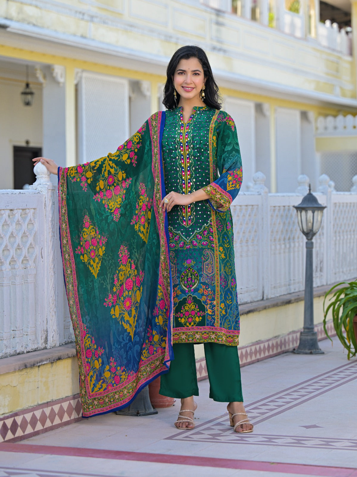 Super premium lining pure crepe full suit set in green