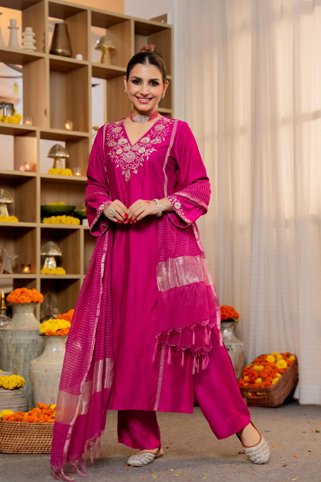 Restocked !! Rani pink santoori silk embroidered suit set !!!