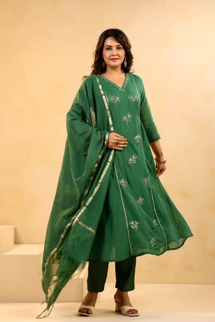 Pretty embroidered Mul Chanderi suit set in green