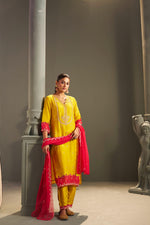 Russian silk pretty hand work suit set in yellow n red