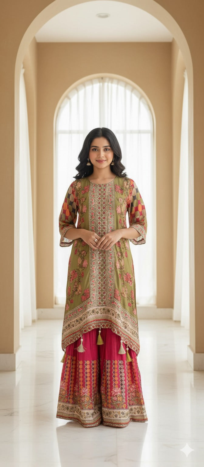 Premium muslin with heavy handwork with sharara set