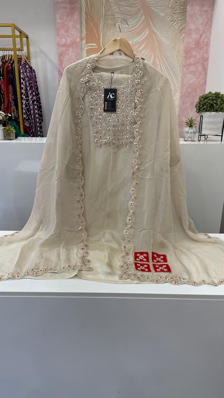 Premium tissue heavy handwork suit set in ivory
