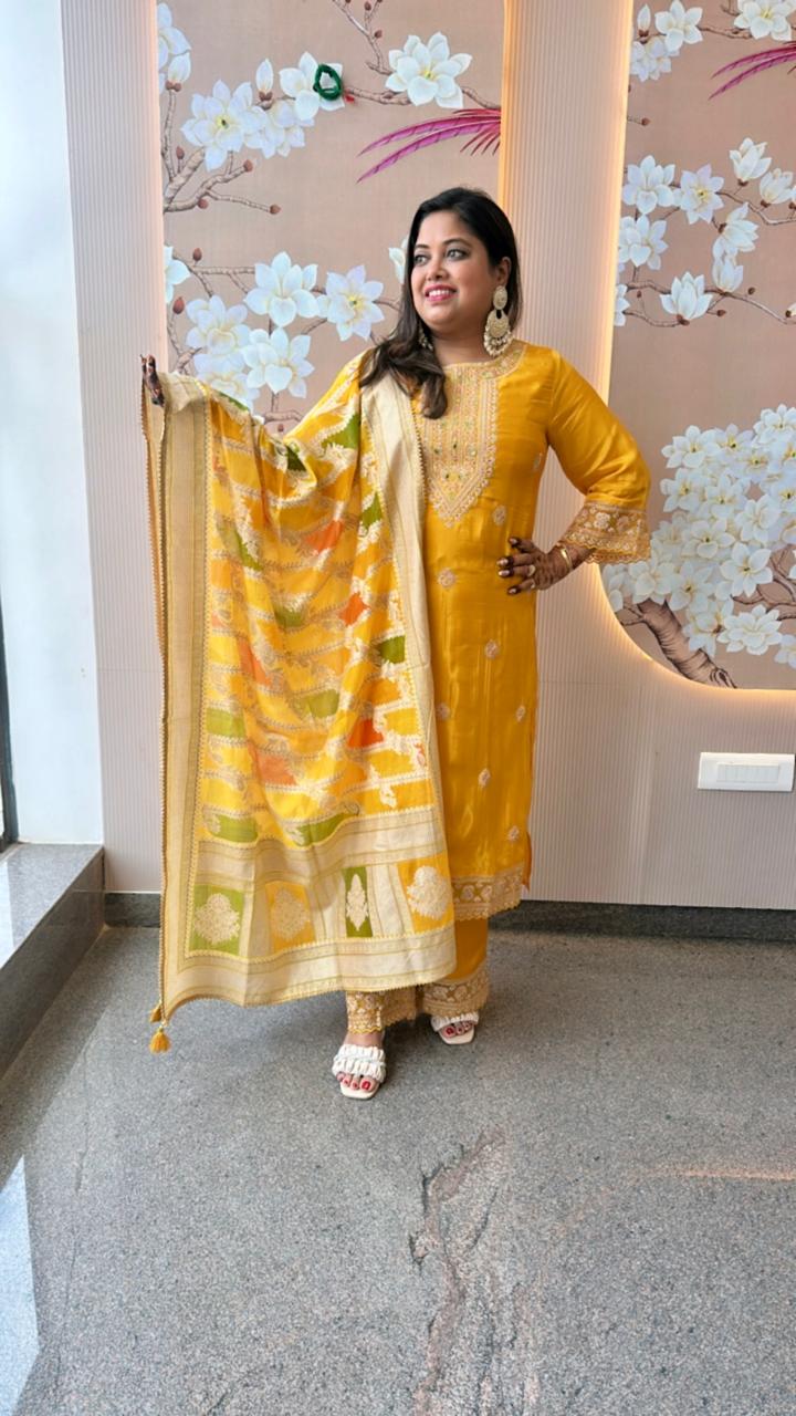 Pure crepe designer lace detailing suit set in yellow