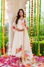 Pure crepe designer floral Anarkali suit set in ivory