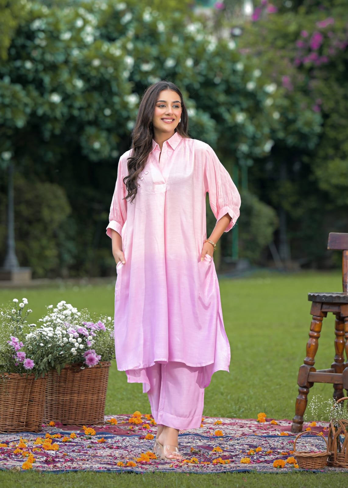 Smart mirror work ombré effect pink n purple in crepe fabric