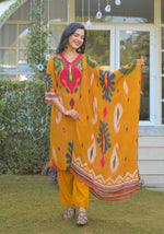 Pure crepe Ikkat print suit set in yellow