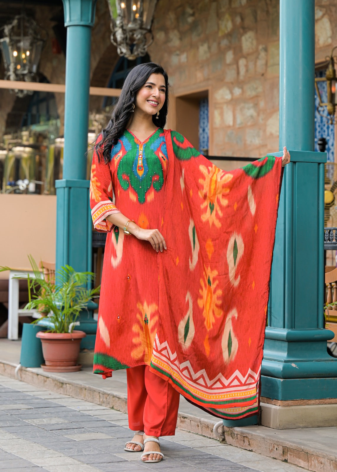 Pure crepe Ikkat print suit set in orange