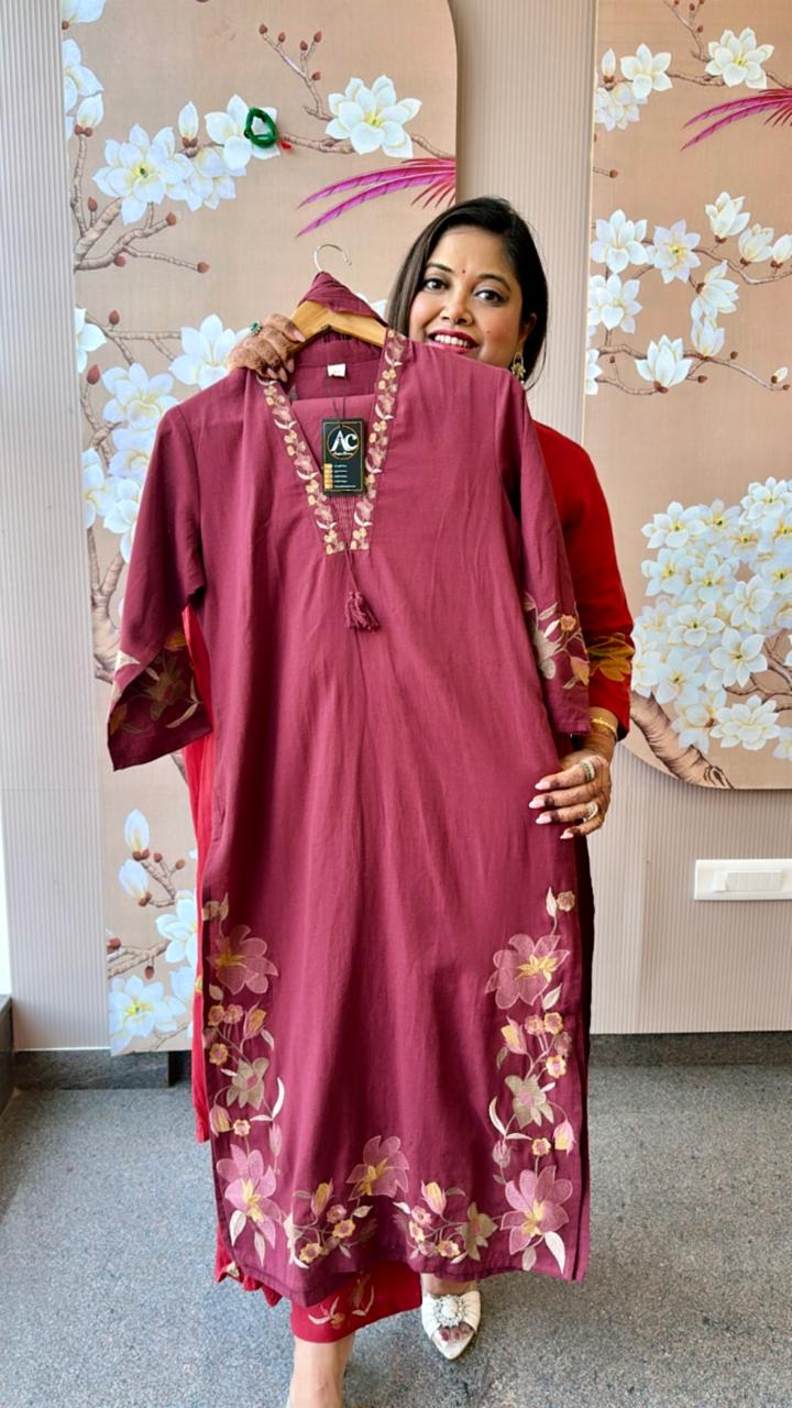 Pure cotton fully embroidered wine suit set