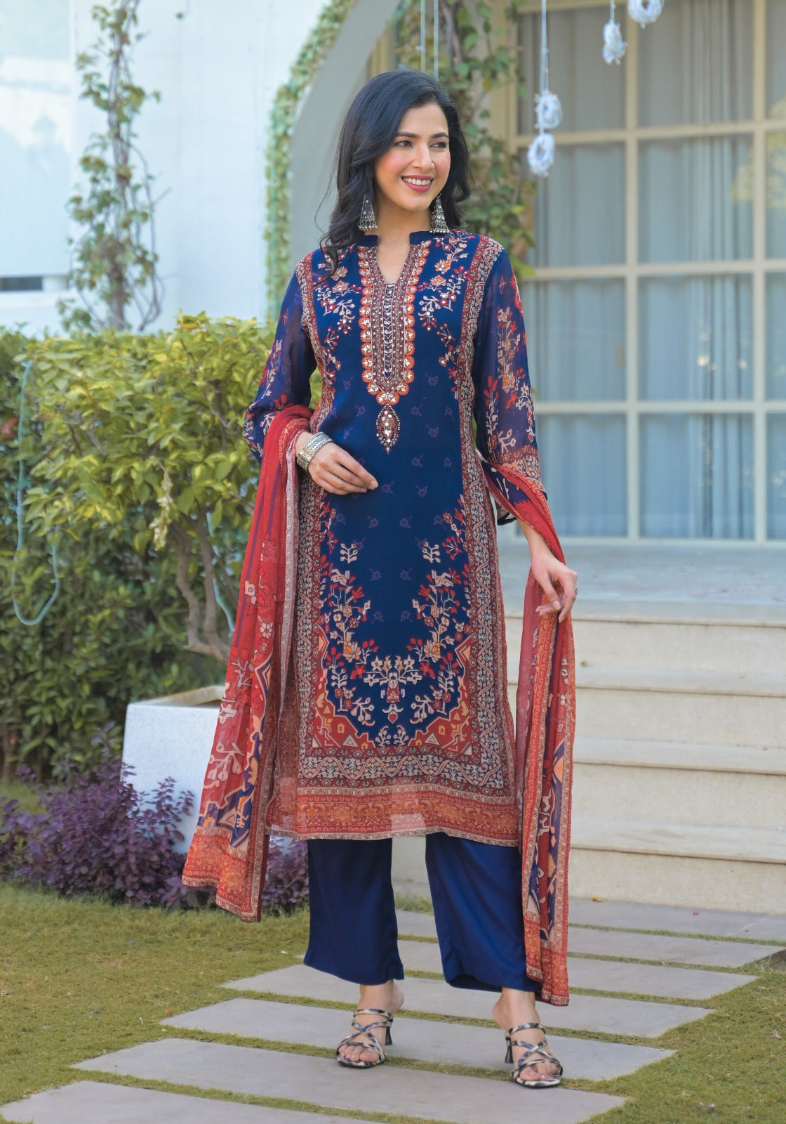 Premium pure chinon full suit set in blue