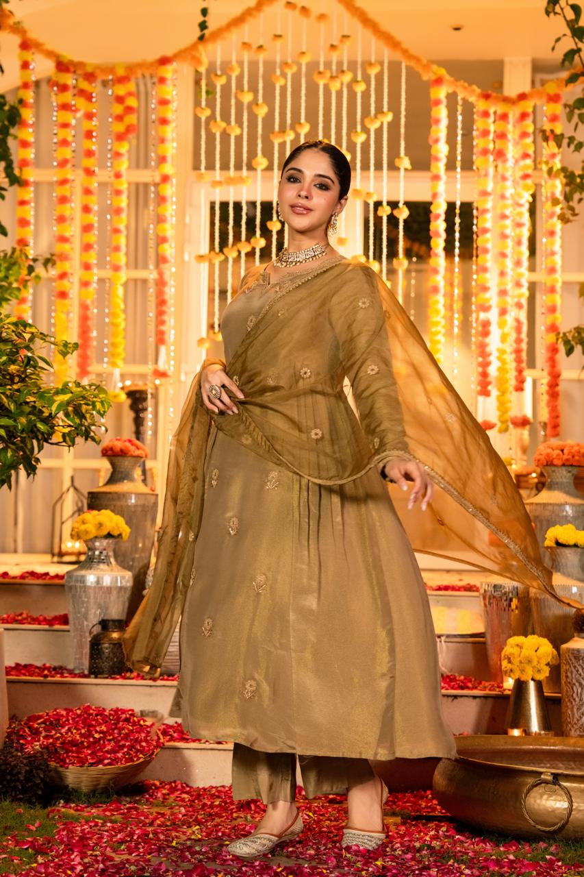 Gorgeous gold colour tissue suit set