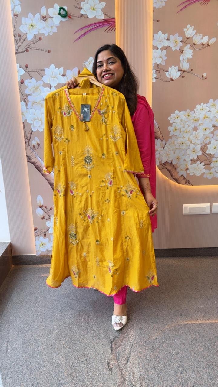 Pretty Mul Chanderi with gotta detailing and heavy hand work in yellow