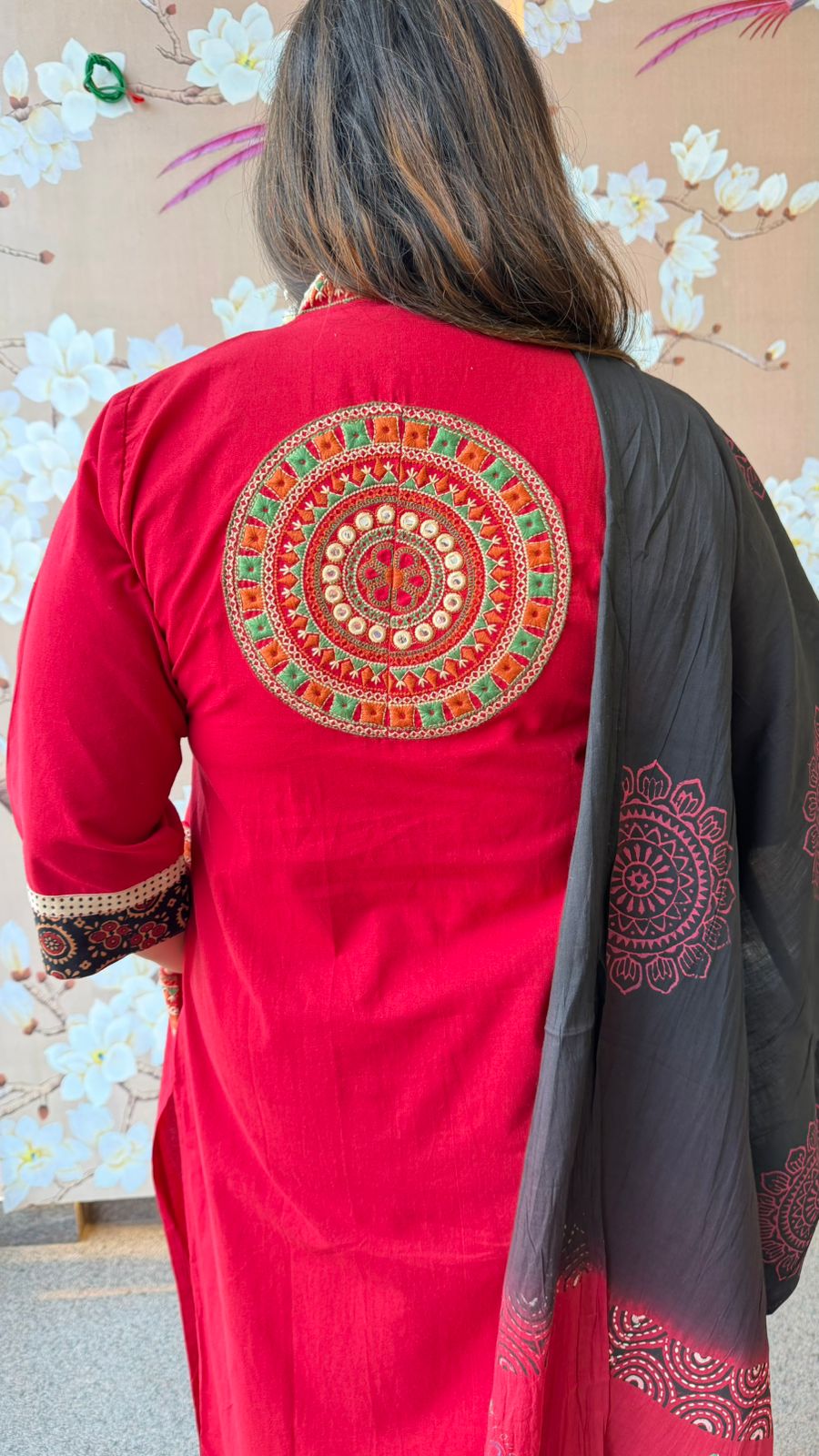 Premium cotton designer back with embroidered pocket in red
