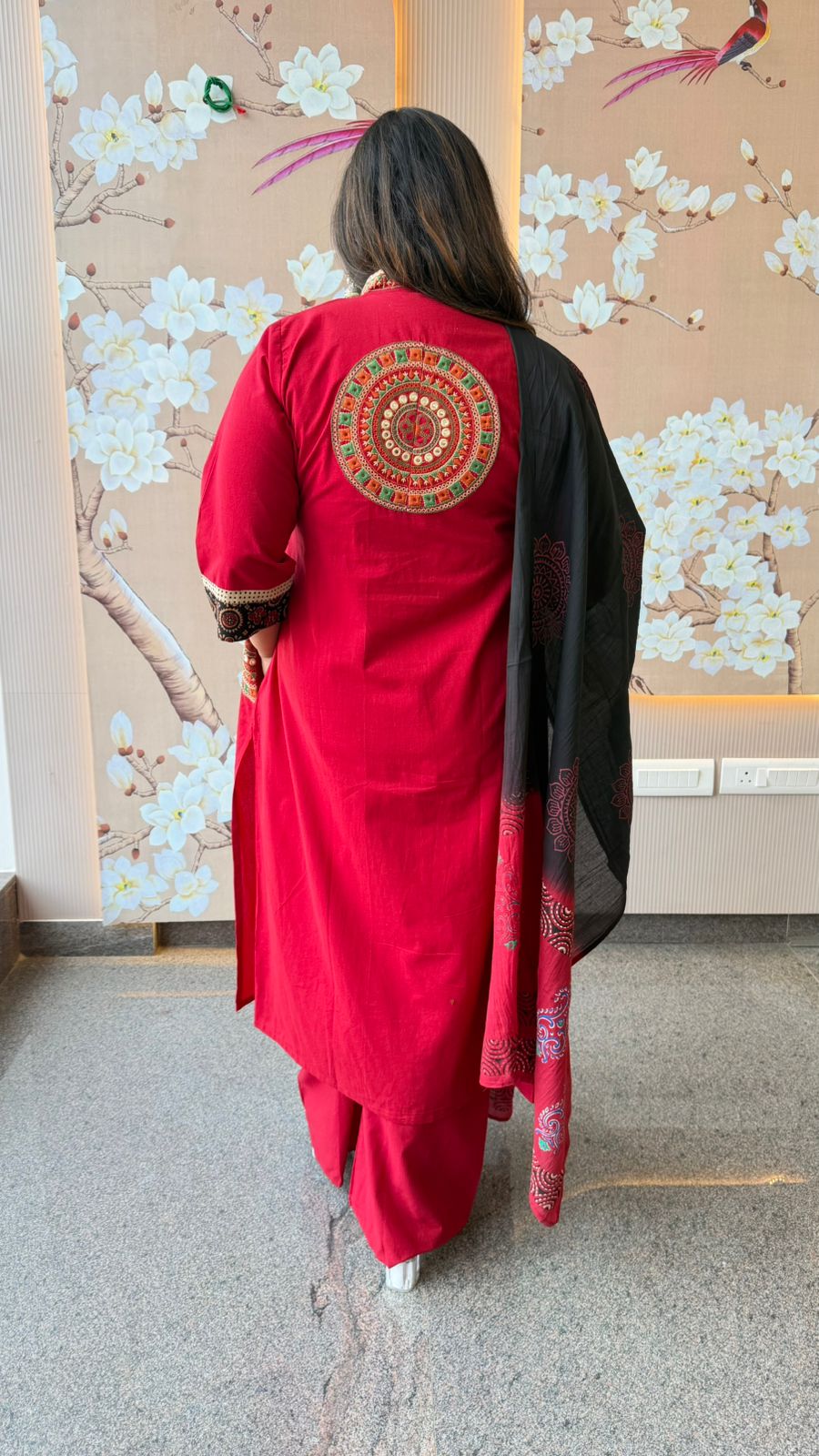 Premium cotton designer back with embroidered pocket in red