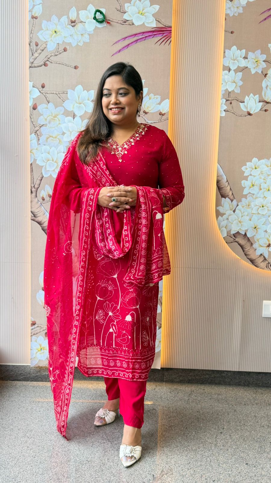 Pure crepe V neck with Zari weaving full suit set