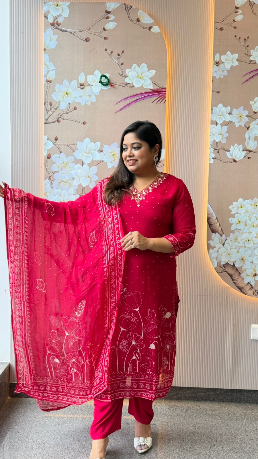 Pure crepe V neck with Zari weaving full suit set