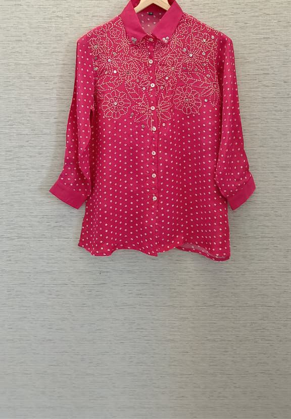 Pure crepe pink bandhani shirt