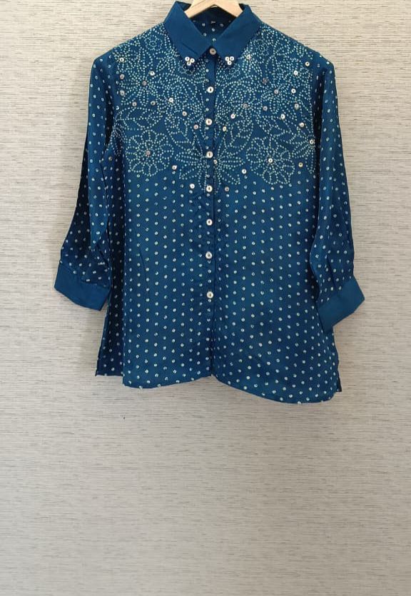 Pure crepe blue bandhani shirt