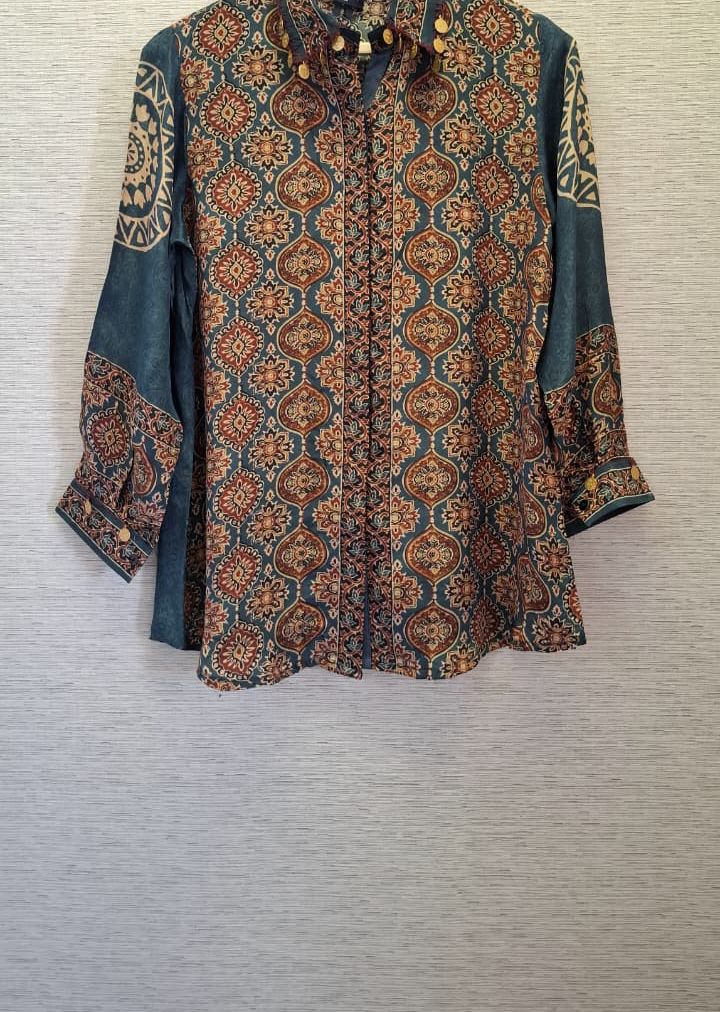 Super smart blue Ajrakh crepe shirt