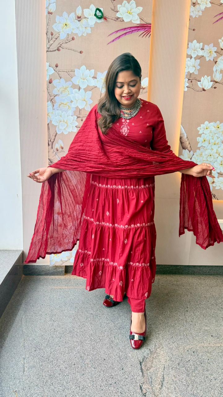 Beautifully embroidered maroon Anarkali suit set