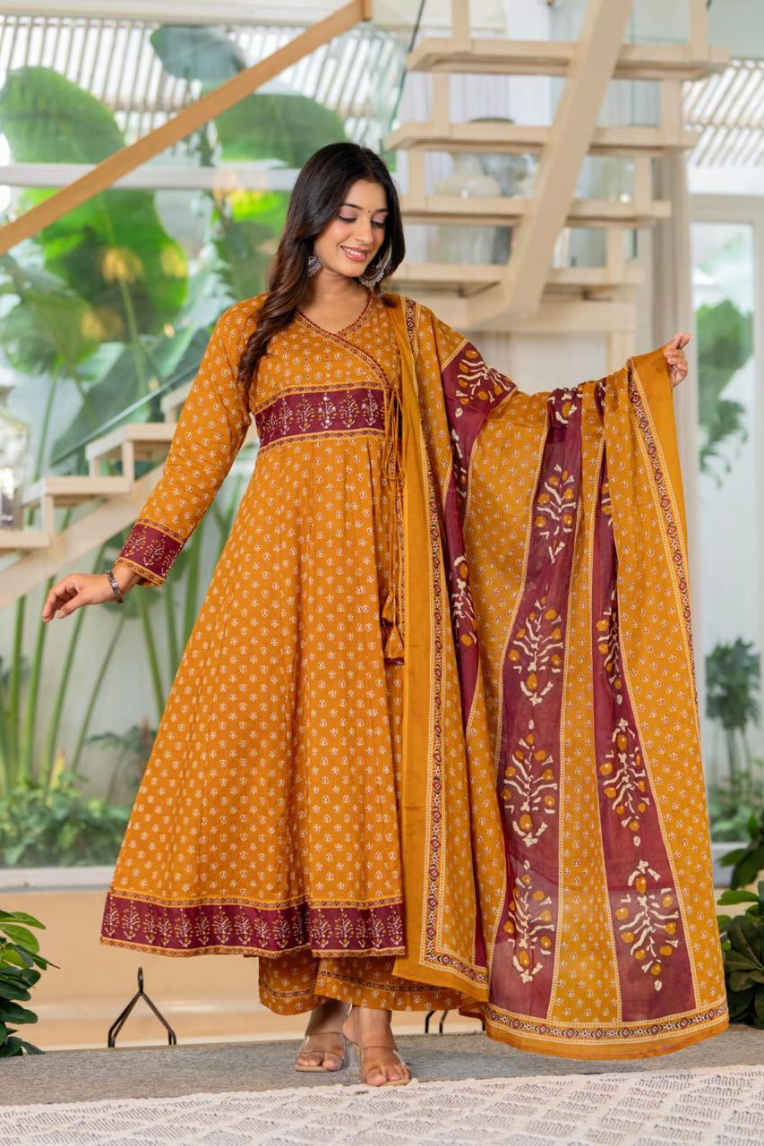 Angrakha cotton suit set in yellow