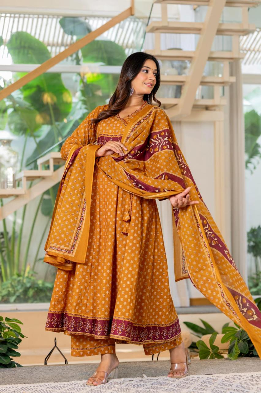 Angrakha cotton suit set in yellow