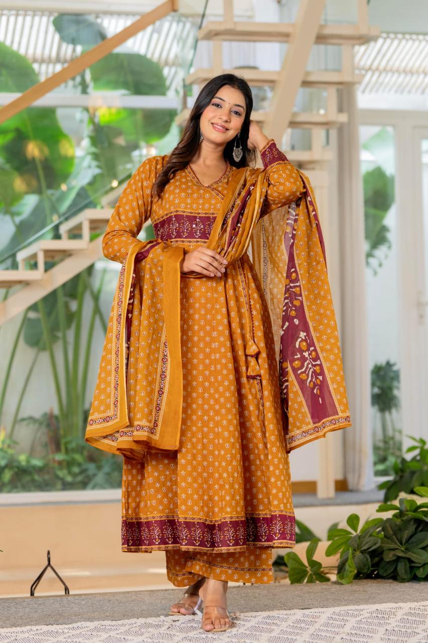 Angrakha cotton suit set in yellow