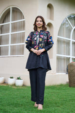 Embroidered cotton palazzo set in blue