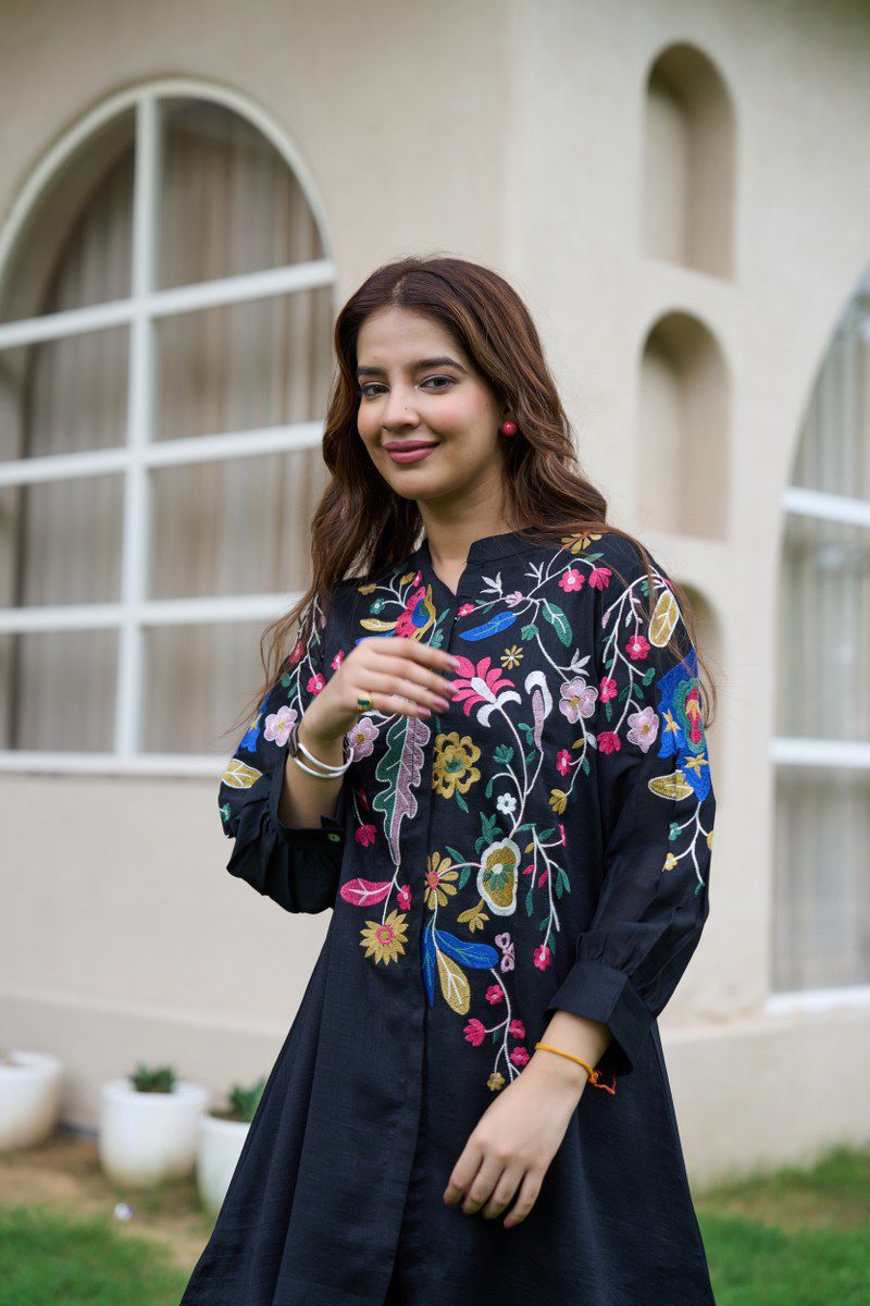 Embroidered cotton palazzo set in blue