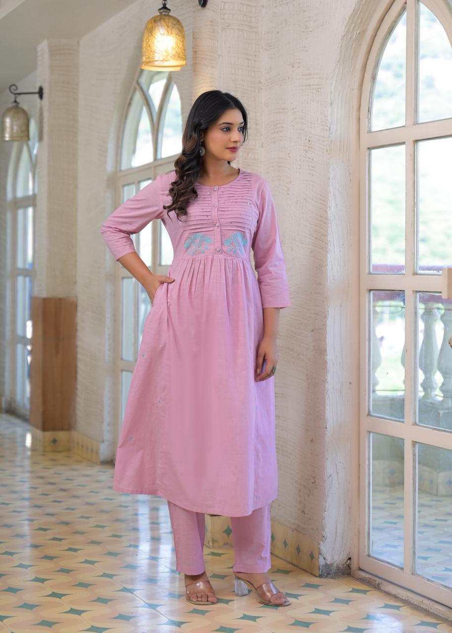 Pink embroidered kurta pant with pocket