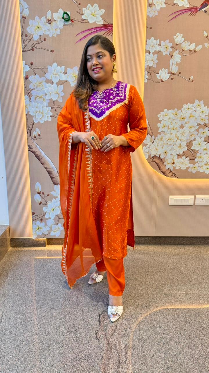 Gaji silk bandhani suit set paired with orgenza dupatta orange