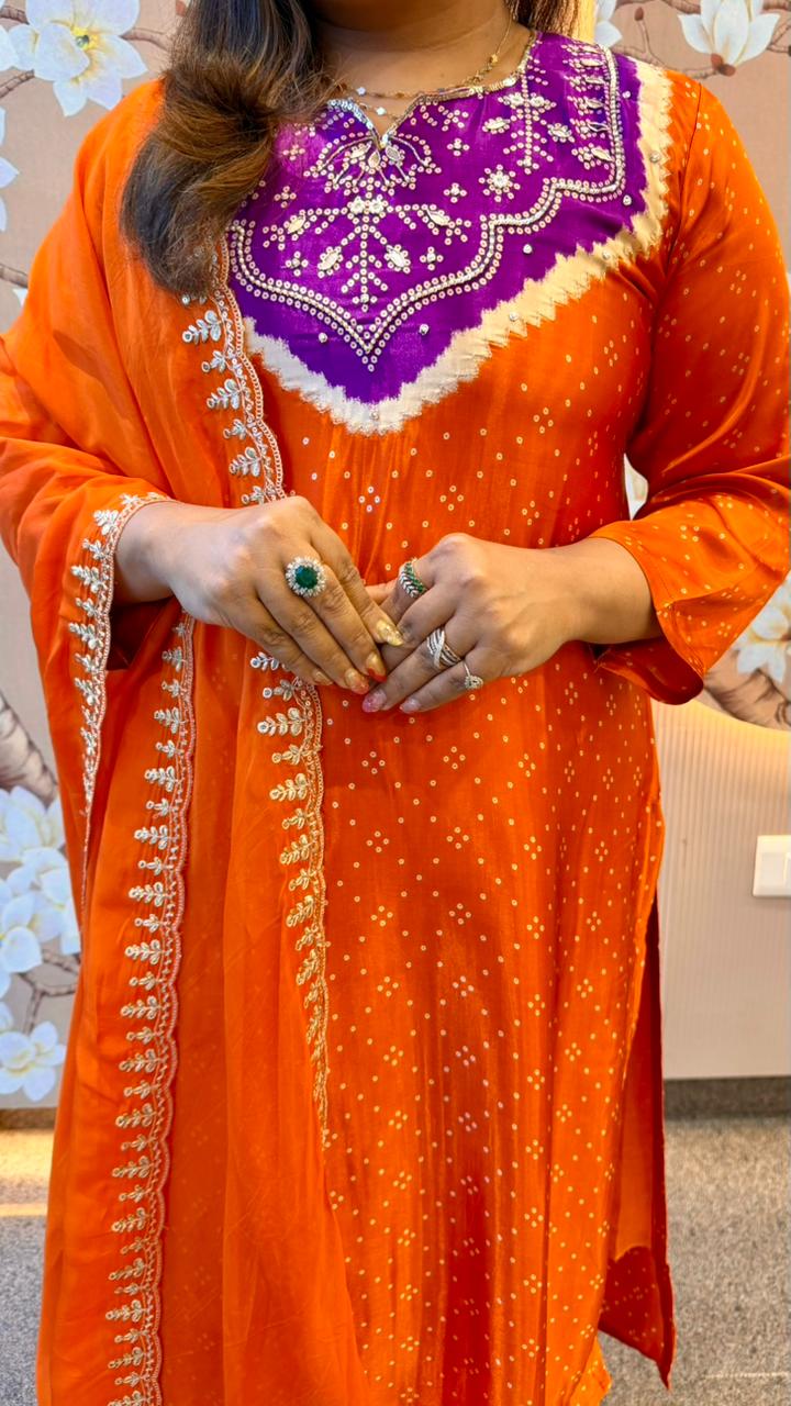 Gaji silk bandhani suit set paired with orgenza dupatta orange