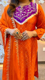 Gaji silk bandhani suit set paired with orgenza dupatta orange