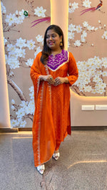 Gaji silk bandhani suit set paired with orgenza dupatta orange