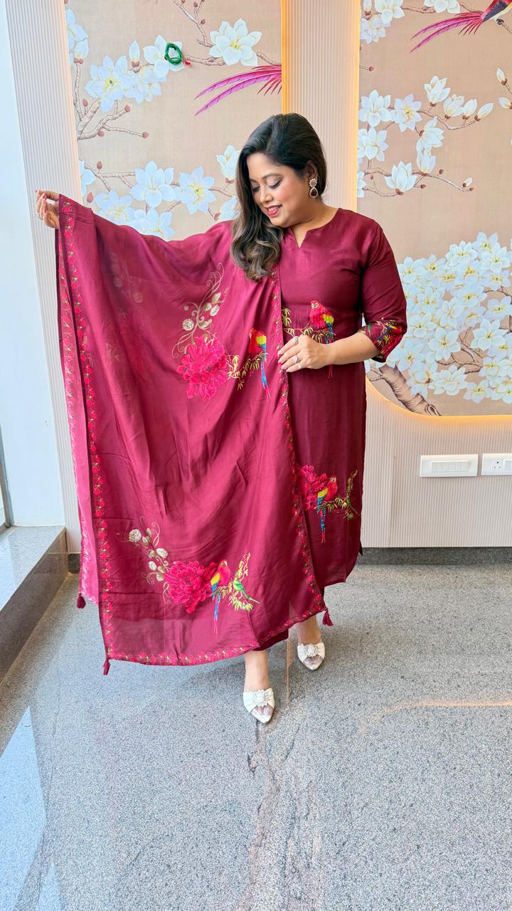 Digitally printed front n back Russian silk wine suit set