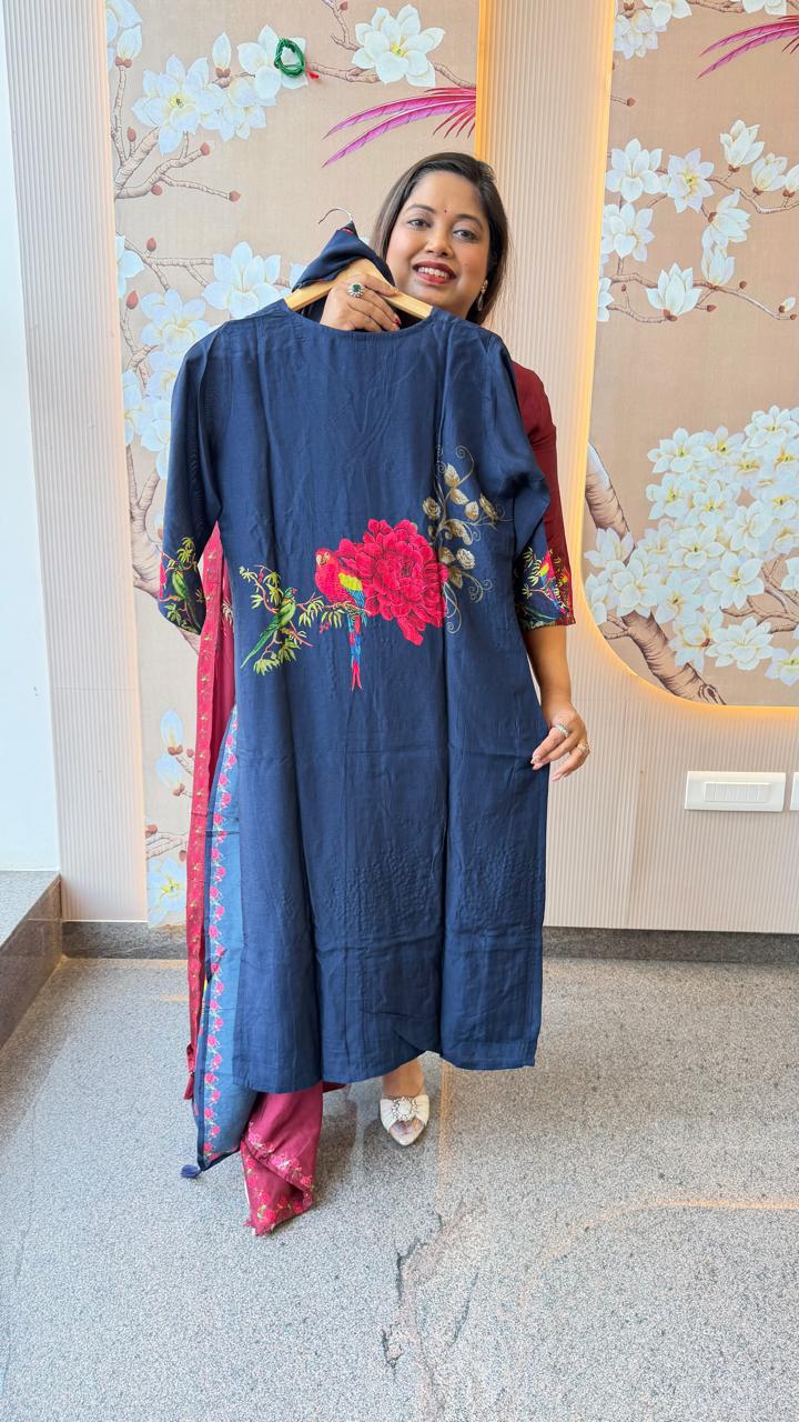 Digitally printed front n back Russian silk blue suit set