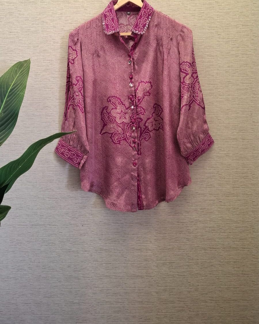 Pure crepe bandhani shirt purple