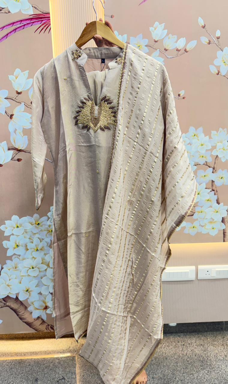 Premium tissue suit set with pretty handwork in champagne colour