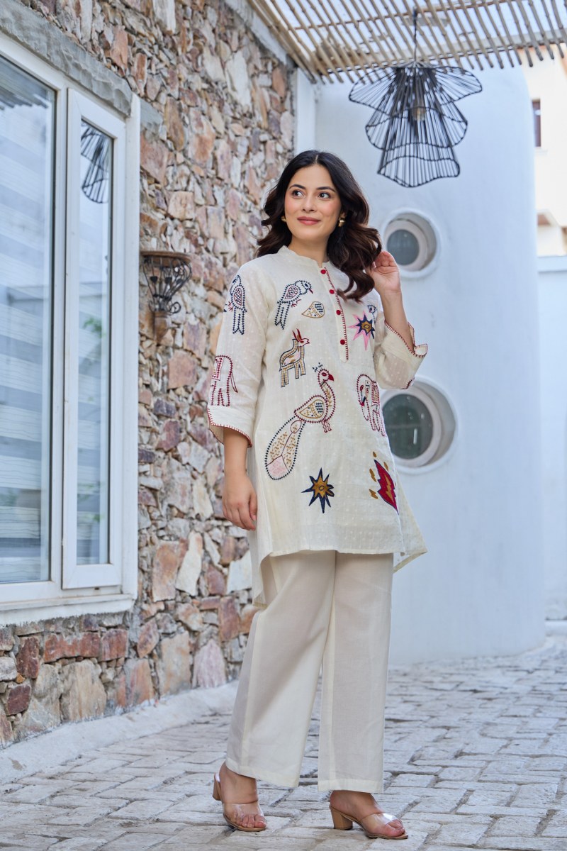 Dobby cotton applique work co ord comes with lining