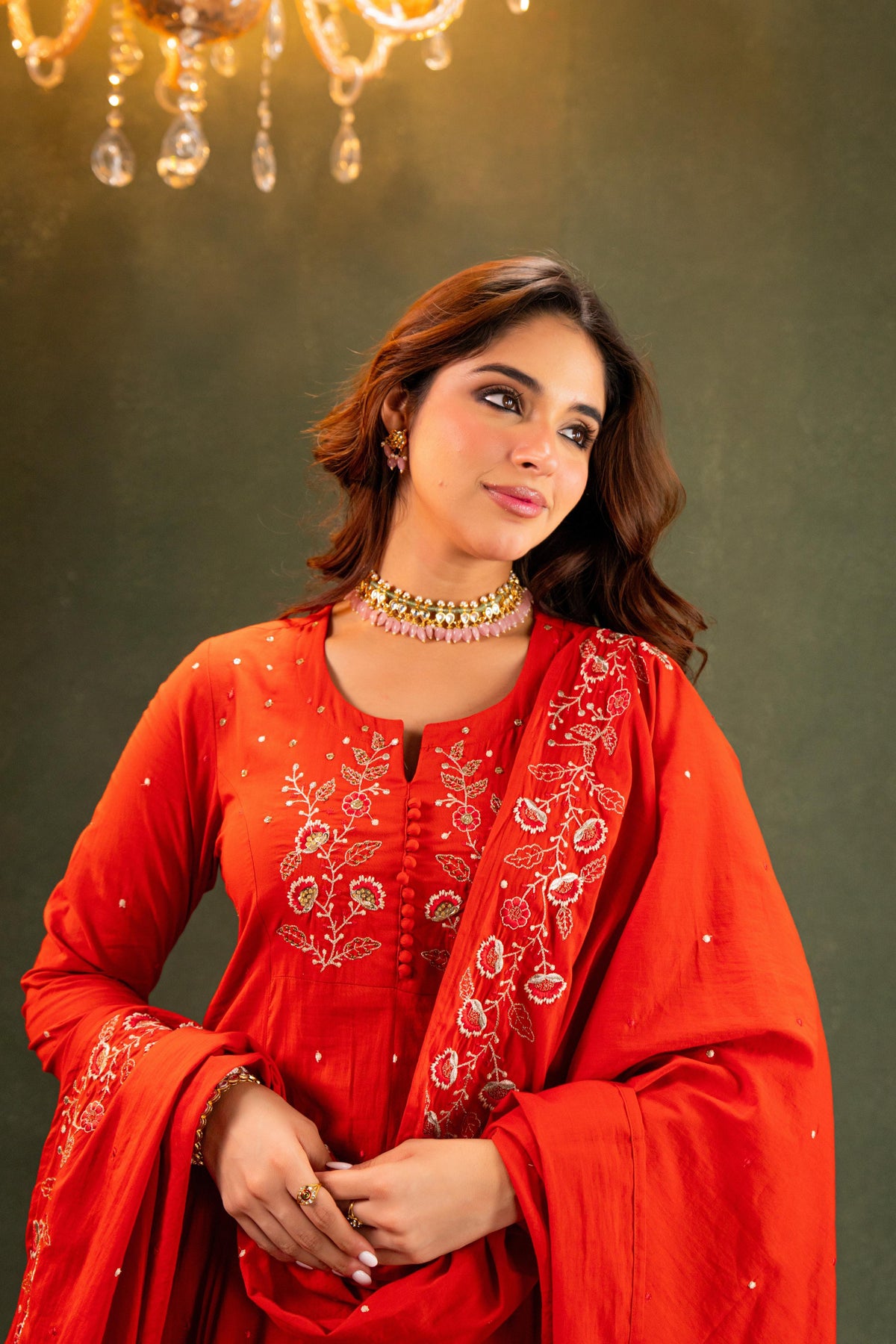 Pretty pretty cotton embroidered suit set in orange