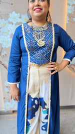 Crepe upper with handwork and cotton flex digital print bottom in blue