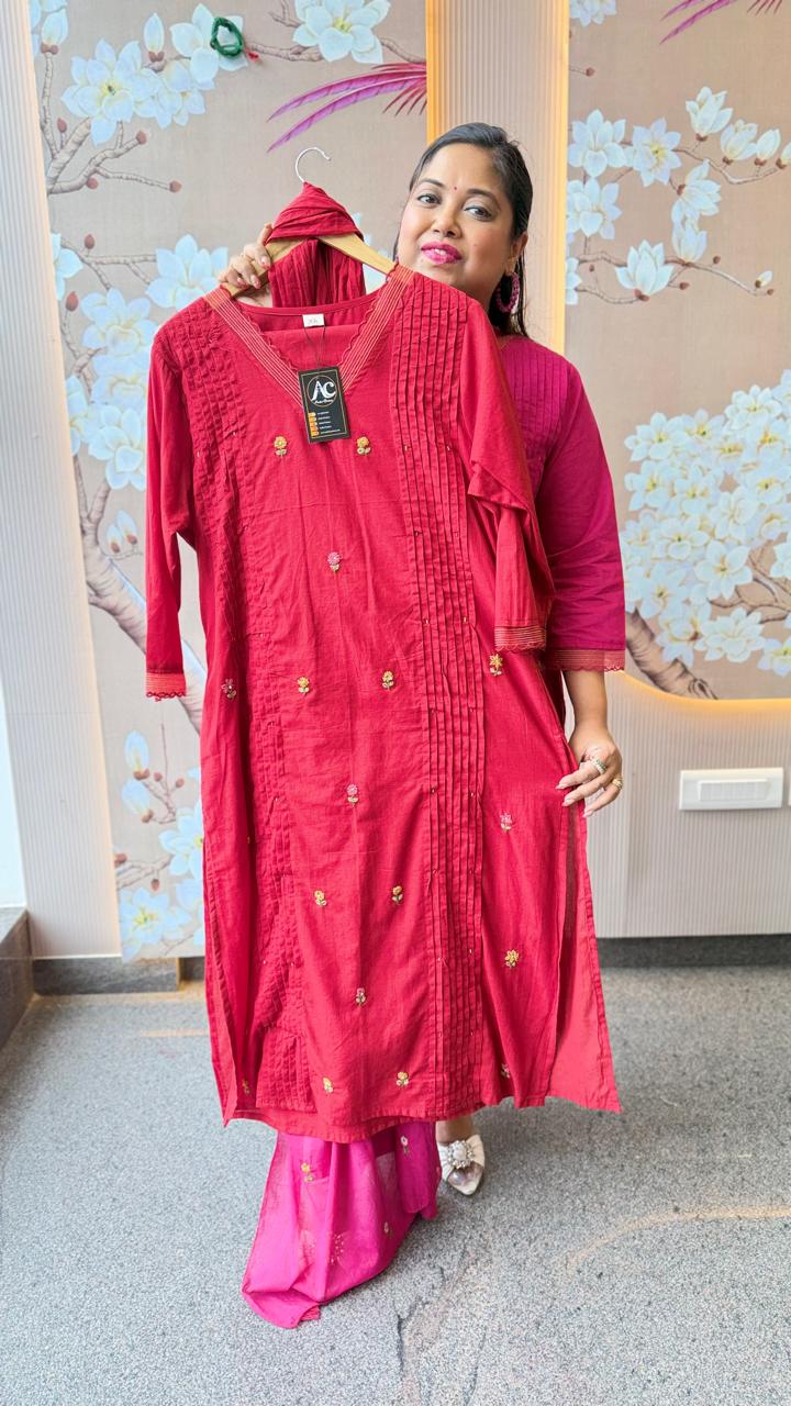 Silly cotton with lining n embroidery full suit set (comfort fit) in red