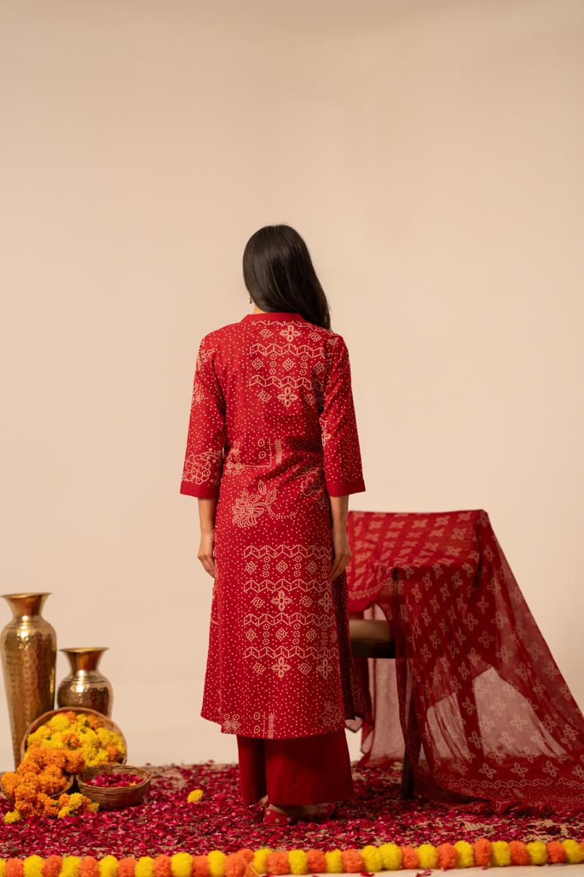 Red bhandni cotton full suit set