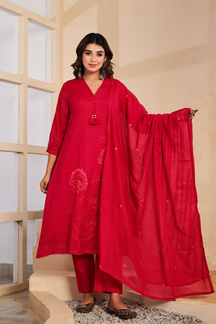 Mul cotton embroidered full suit set