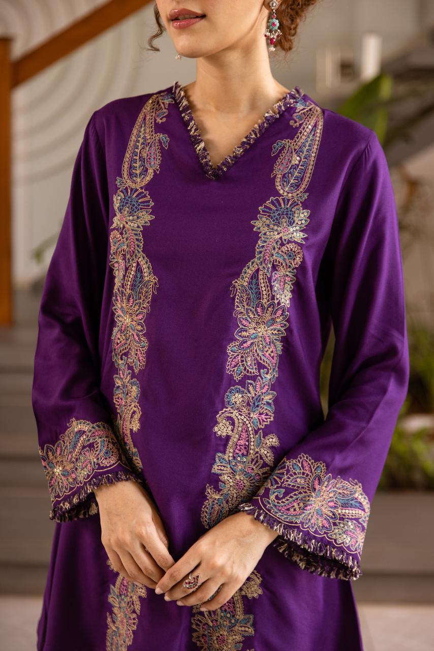 Heavy rayon fully embroidered co ord in purple