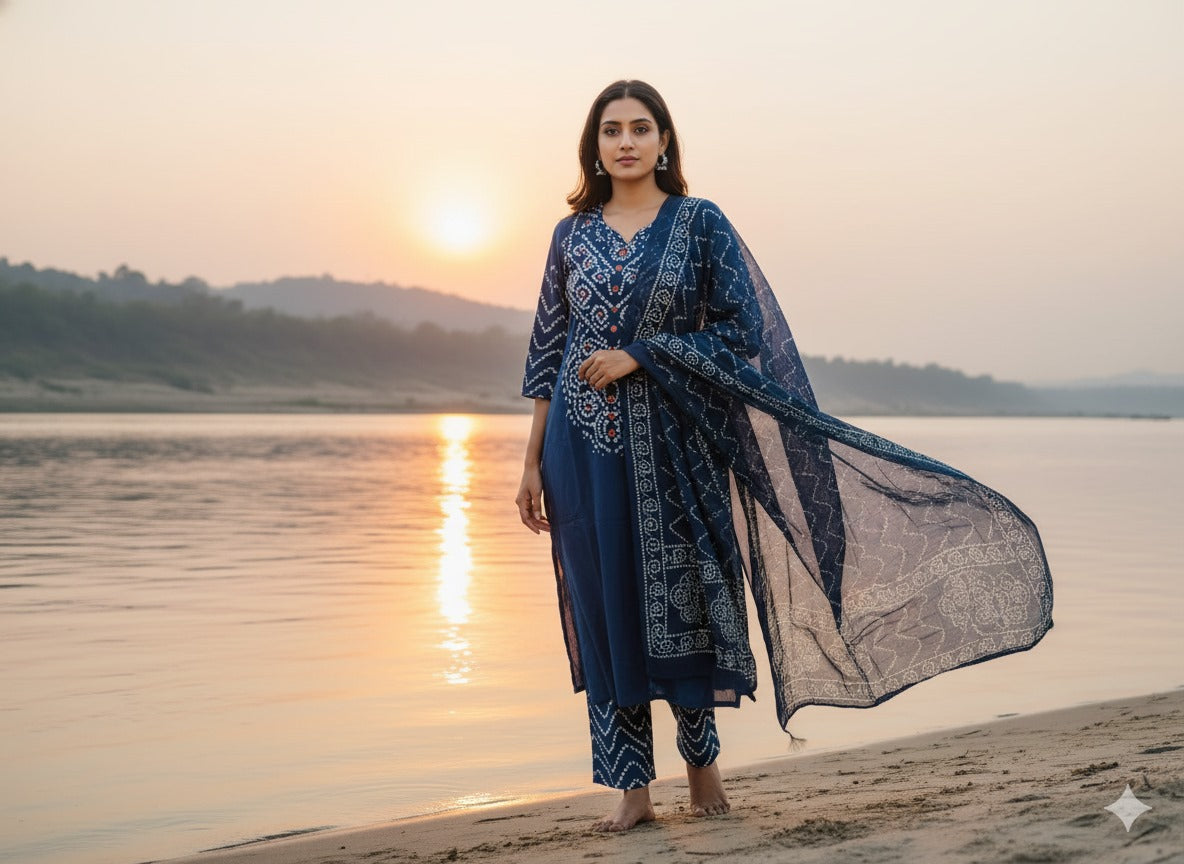 Blue bandhani cotton suit set